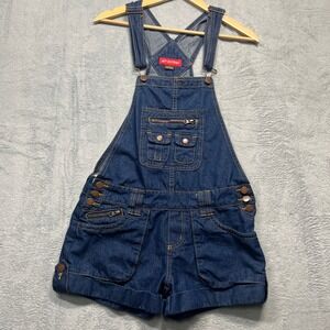 Y2K Hot Bottoms Denim Shortalls Womens Blue Dark Wash Multi-Pocket Cuffed Size 7